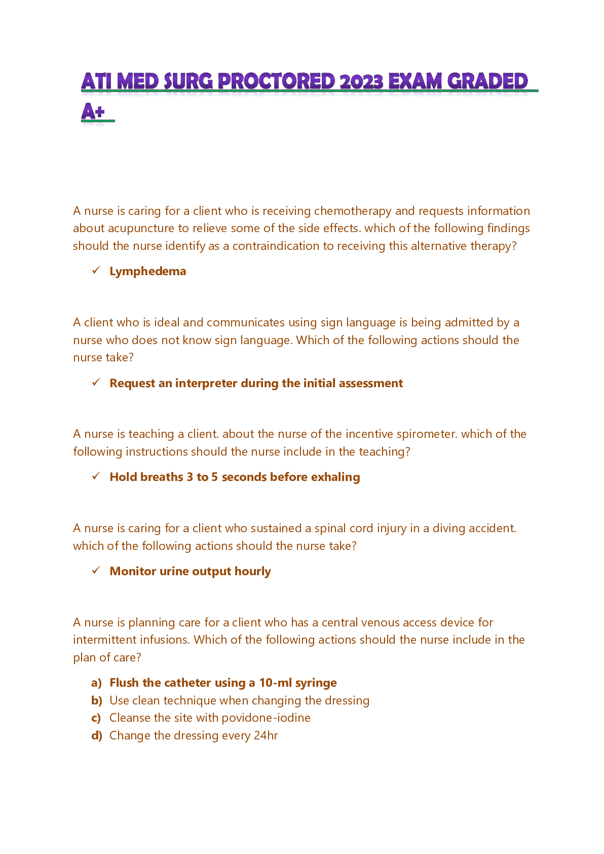 Preview image for ATI MED SURG PROCTORED 2023 EXAM GRADED  A+